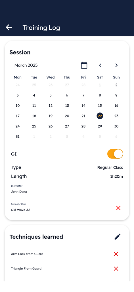 The training log screen of the BJJ Notes app showing a calendar and list of techniques learned during a session.