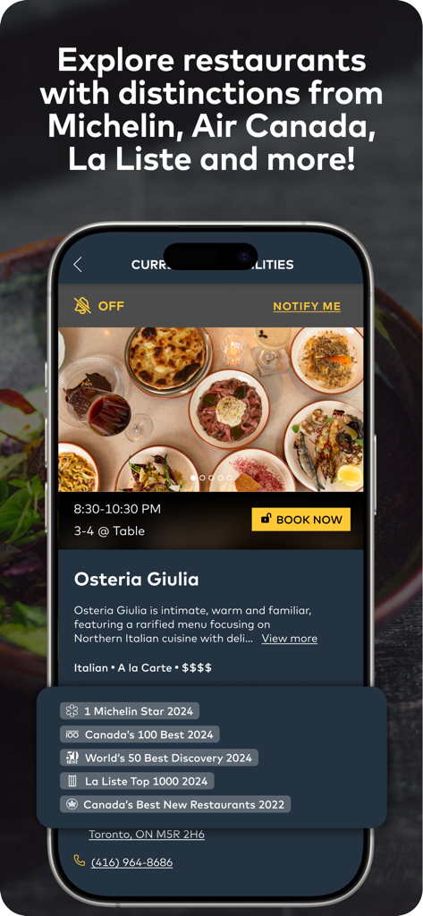 A smartphone showing the DINR app with a booking page for a Michelin star restaurant featuring culinary awards and a book now button