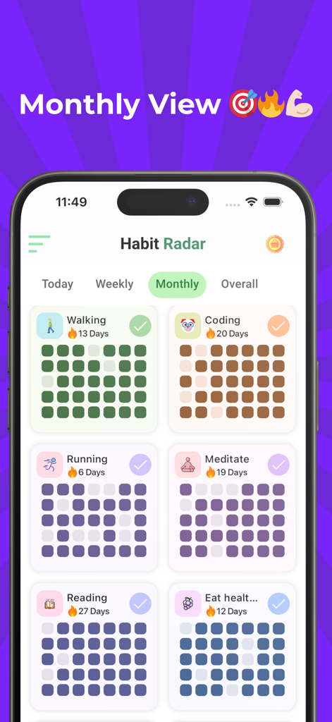 Habit Radar : Habit Tracker - Habit Radar app screenshot showing a monthly view of tracked habits like walking coding and reading with color coded progress grids