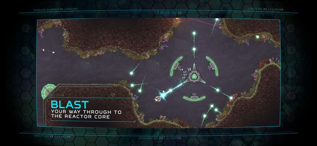 Raider - Spaceship attacking a green reactor core in a rocky cavern