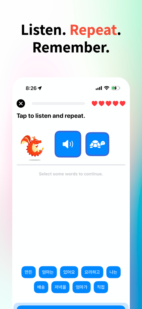 Flashcards - Learn Korean - Interfaz de ejercicio de escucha y repetición de idiomas coreanos con controles de audio y burbujas de palabras Hangeul