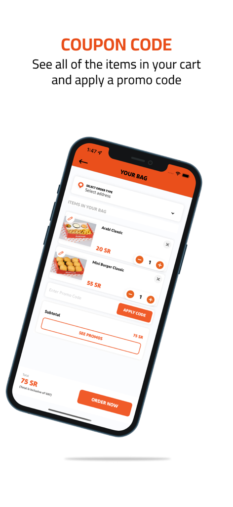 A mobile screen showing the Shawarma Classic app cart with food items and a coupon code field
