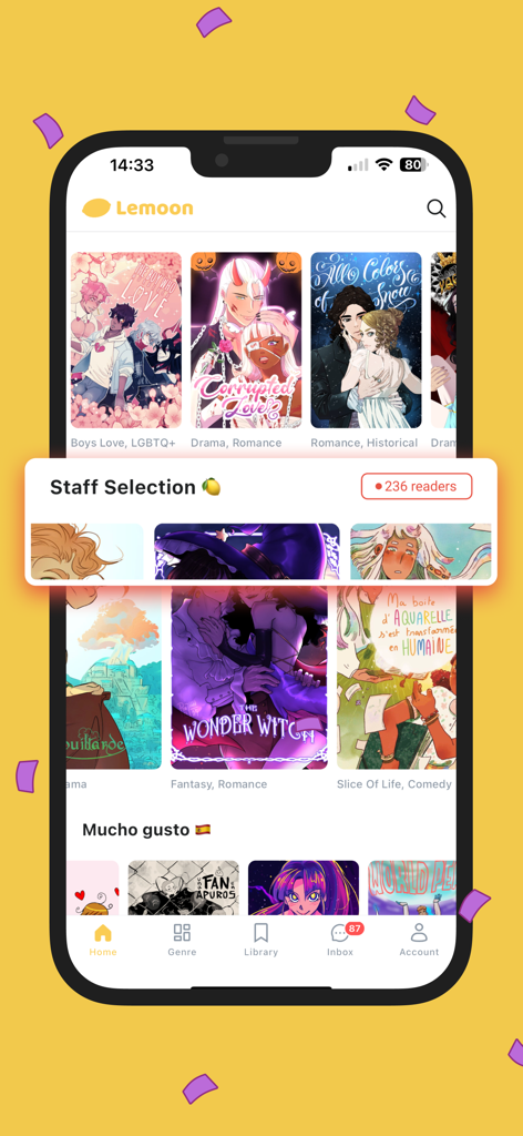 Interface de l'application Lemoon sur un iPhone affichant diverses couvertures de webtoons et une bannière de recommandation de sélection du personnel.
