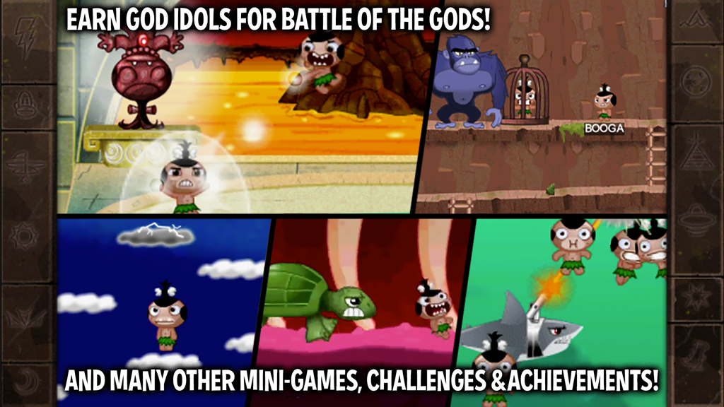 Collage of Pocket God gameplay scenes showing mini games and the Battle of the Gods