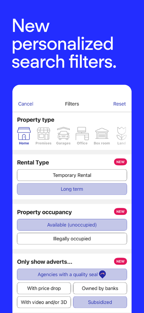 A screenshot of the Fotocasa app interface showing advanced property search filters for rentals and purchases.