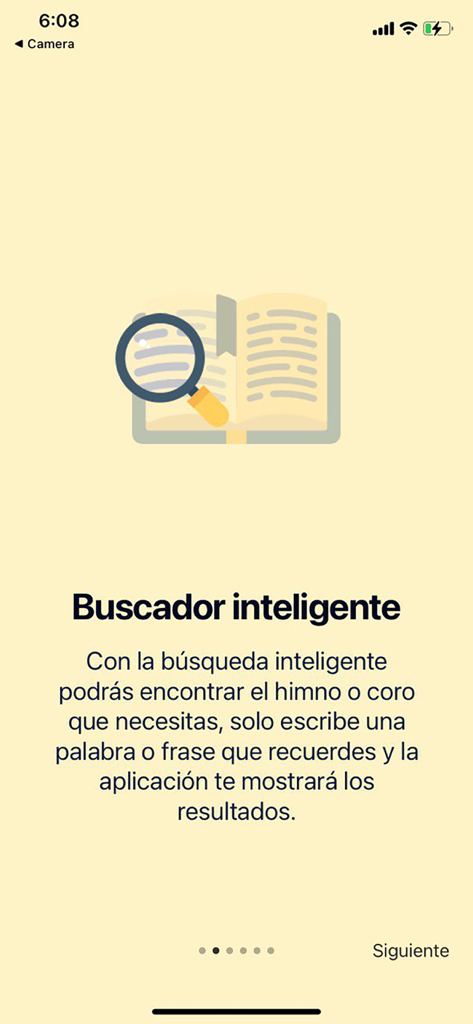 Himnario IDMJI - An onboarding screen for the Himnario IDMJI app highlighting the intelligent search function for finding hymns and choruses.
