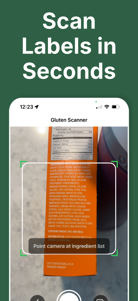 GF Scanner app scanning an ingredient list on a food product package