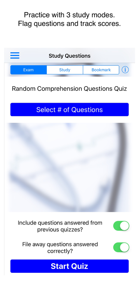 Case Files Orthopedic Surgery app quiz setup screen showing exam study and bookmark modes with question selection options