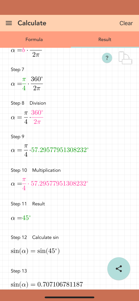 Unit Circle Calculator PRO - A screenshot showing step-by-step trigonometry calculations for angle conversion and sine functions