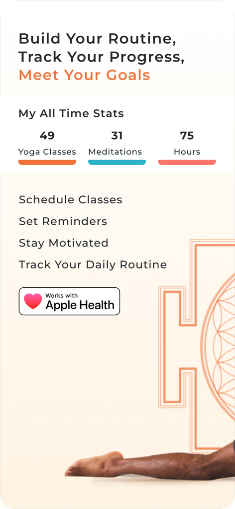 Yoga International - Yoga International app dashboard showing yoga class and meditation statistics with Apple Health integration