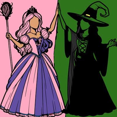 detailed realistic split of a princess and a witch