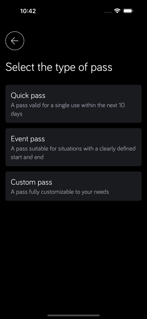 Urmet CallMe Uin - Uma tela de aplicativo móvel intitulada Selecione o tipo de passe com opções para Passe rápido Passe de evento e Passe personalizado