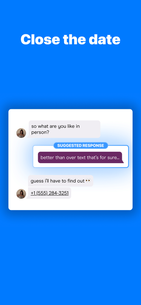 Cupidly. - Cupidly AI suggested response in a chat interface to help close a date