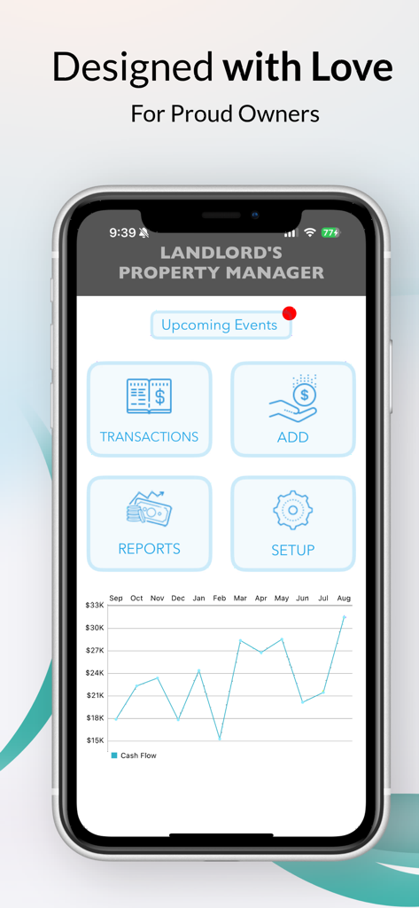 Interface do aplicativo Gerenciador de Propriedades do Proprietário mostrando um gráfico de linha de fluxo de caixa e ícones de navegação para transações e relatórios