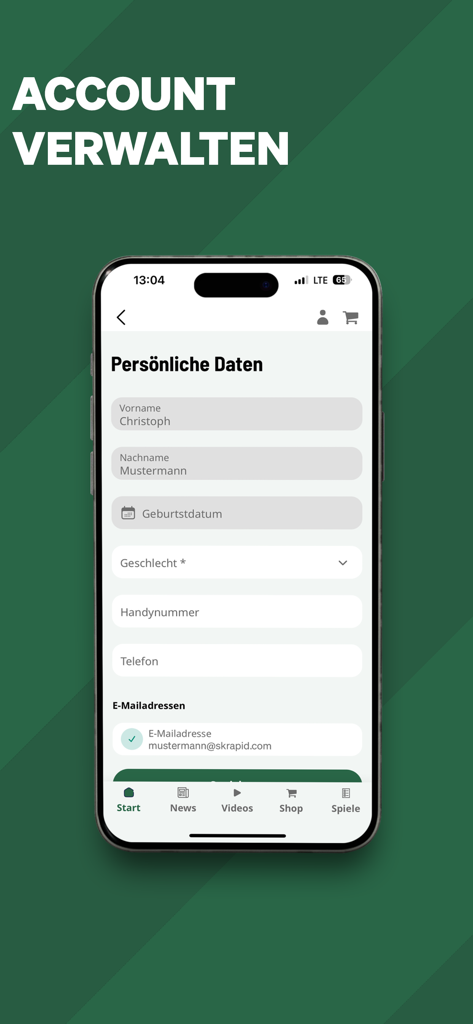 SK Rapid 1899 - Écran de gestion de compte de l'application mobile SK Rapid 1899 montrant le formulaire de données personnelles