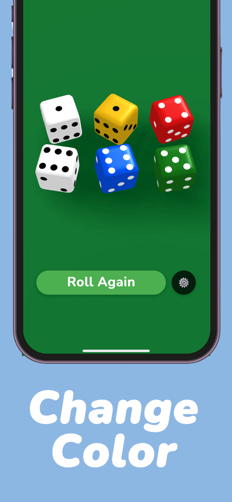 A mobile app interface showing six colorful dice and a button to change colors