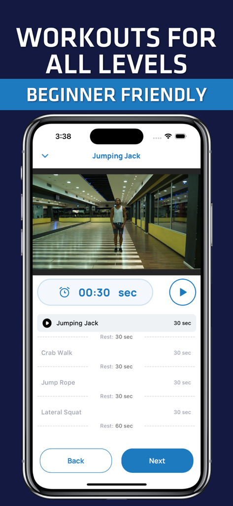 Home Workout No Equipment. - Interfaz de aplicación móvil que muestra un tutorial en video de saltos de tijera y una lista de ejercicios para todos los niveles.