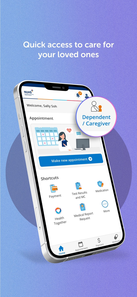 NUHS mobile app home screen showing caregiver access and healthcare shortcuts for family management