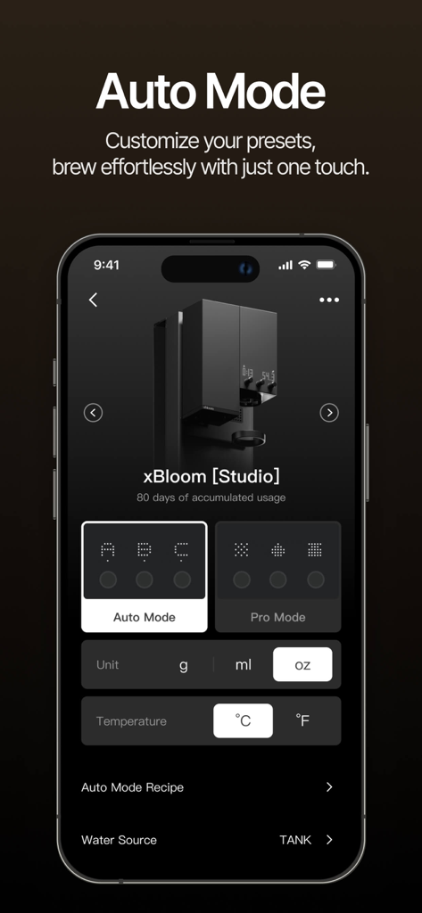 Interface of the xBloom Coffee app showing Auto Mode settings for the xBloom Studio machine