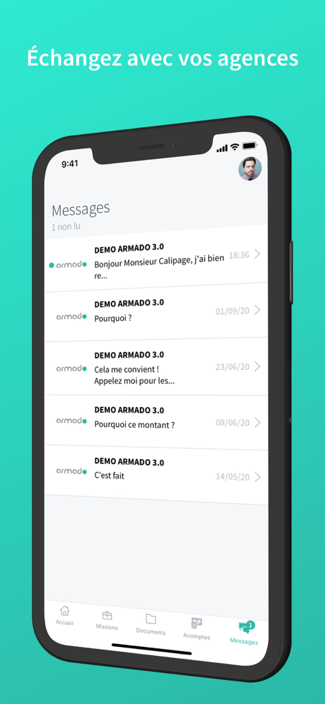 Armado - Armado mobile app messaging screen displaying a list of conversations with staffing agencies.