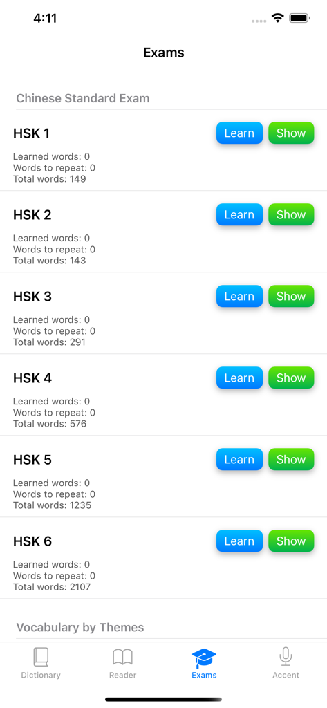 Chinese - Mandarin Language - List of HSK exam preparation levels from 1 to 6 in the Chinese IQ app