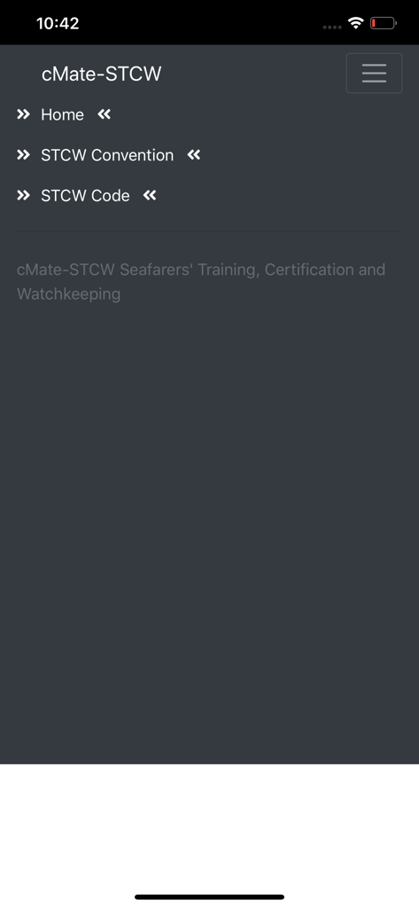cMate-STCW - cMate-STCW app home interface with navigation menu for maritime regulations