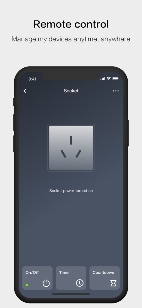Cloud Intelligence app interface showing remote control for a smart socket with on-off timer and countdown features.