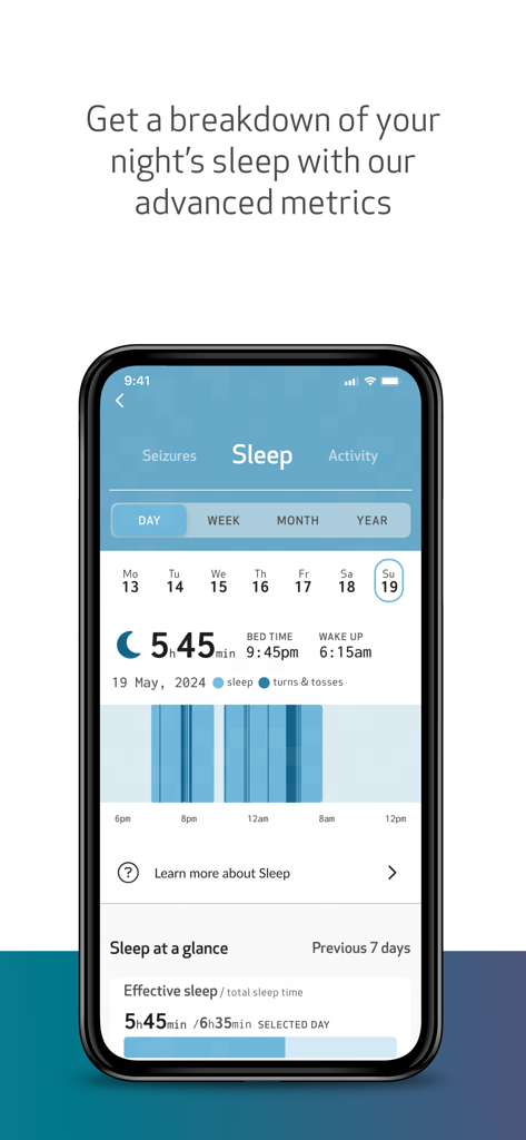 EpiMonitor-App-Bildschirm zur Schlafüberwachung mit nächtlicher Schlafdauer und Bettzeit-Metriken