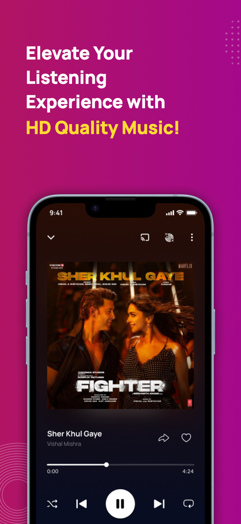 Gaana Music app player interface displaying a Bollywood song from the movie Fighter with a heading for HD quality music