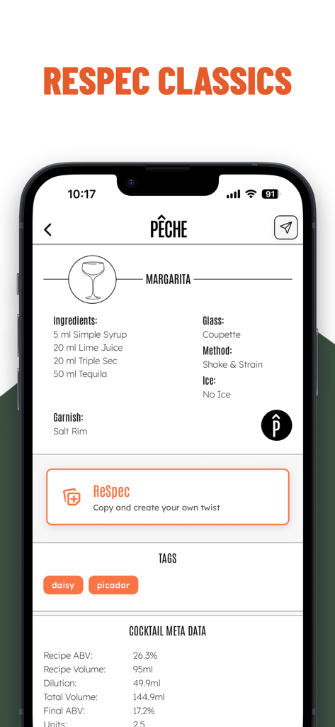 Bildschirm einer mobilen App, der ein Margarita-Cocktailrezept mit detaillierten Zutaten, Metadaten und der ReSpec-Anpassungsschaltfläche zeigt.