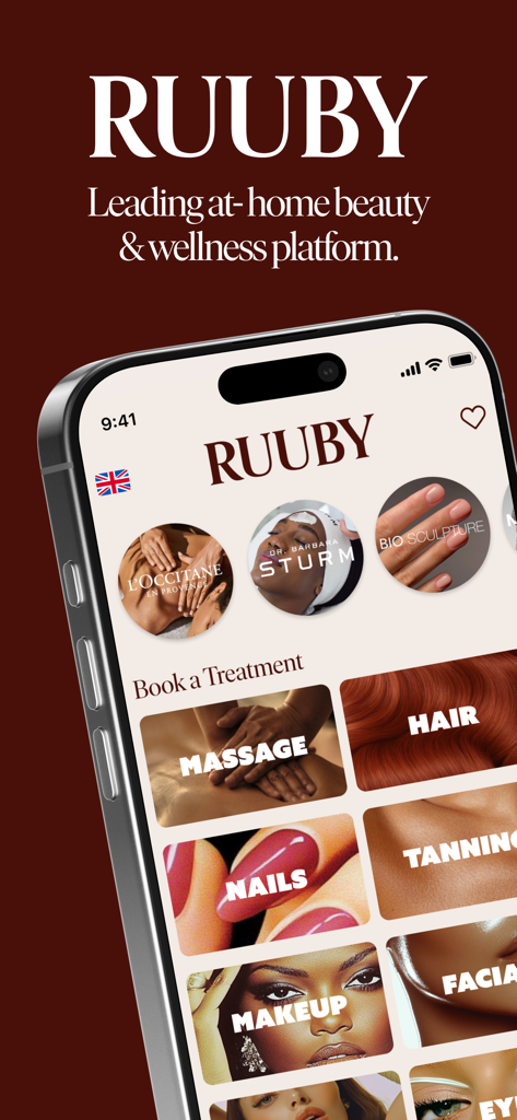 Ruuby - At-Home Beauty - Ruuby mobile app home screen showing options to book massage hair nails and makeup services