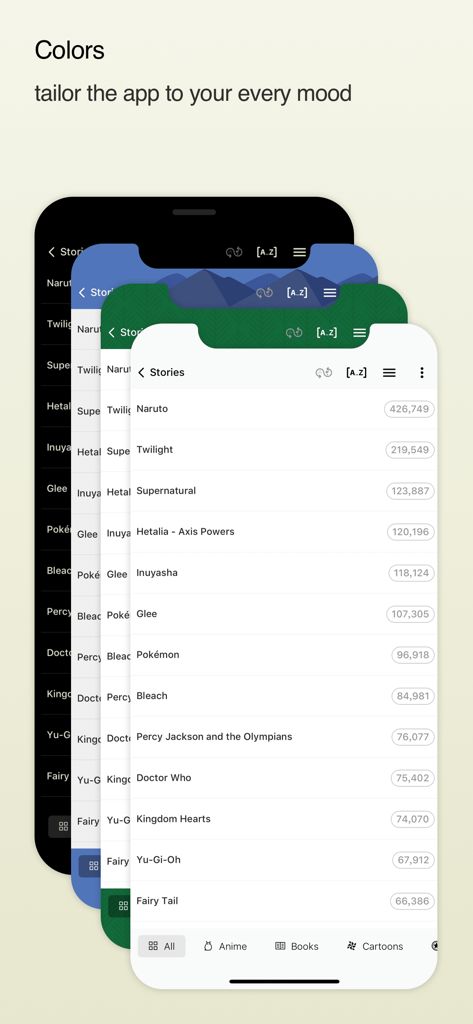 FanFiction.Net app interface displaying multiple color theme options for the story list