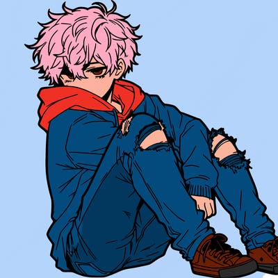 a male hoddie ripped jeans messy hair anime