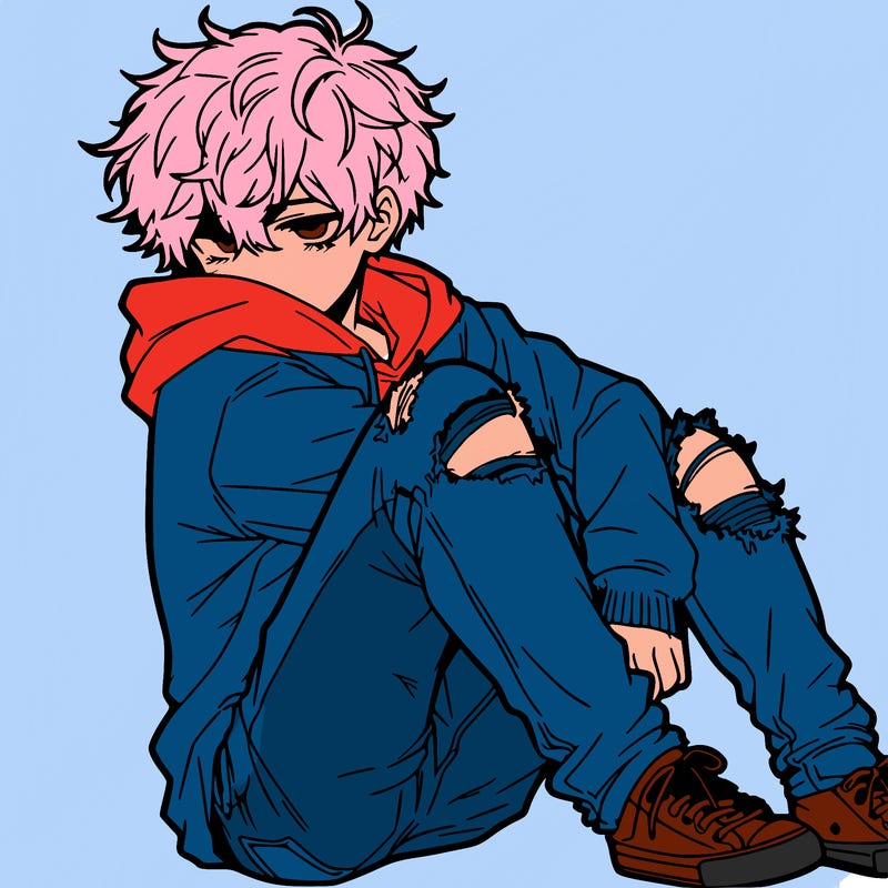 a male hoddie ripped jeans messy hair anime