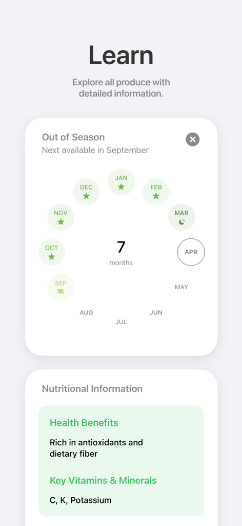 In Season: Seasonal Produce - App interface showing seasonal availability calendar and health benefits for produce