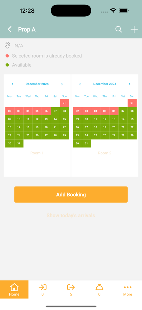 GODO Property - Interface de l'application mobile affichant les calendriers de disponibilité mensuels pour plusieurs chambres de propriété avec une option pour ajouter une réservation.