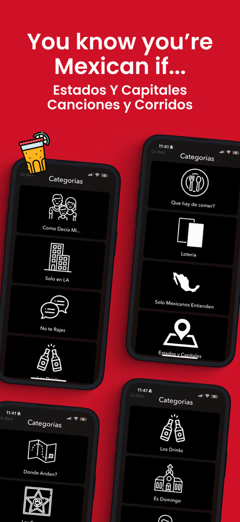 Trivia Mexicano! : Charades - Capture d'écran de l'application Trivia Mexicano montrant des catégories de jeu comme Loteria et Solo Mexicanos Entienden