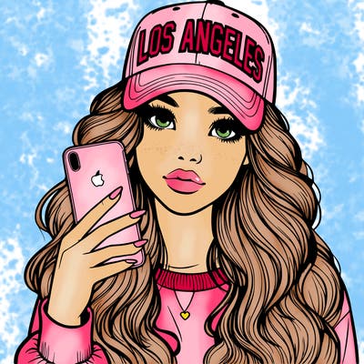 realistic beautiful girl wearing los ángeles cap holding an iphone