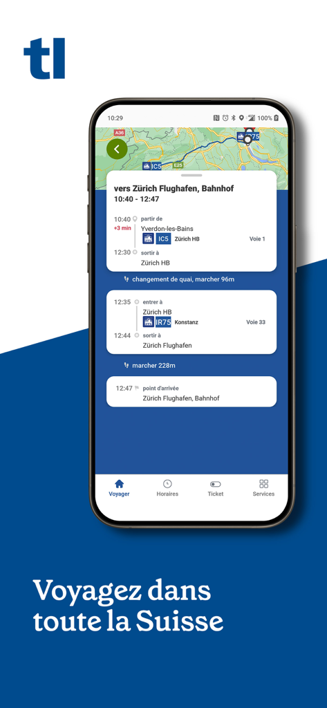 Pantalla de smartphone mostrando la app tl con un itinerario de tren de Yverdon-les-Bains al aeropuerto de Zúrich, incluyendo detalles de plataforma y transbordo.