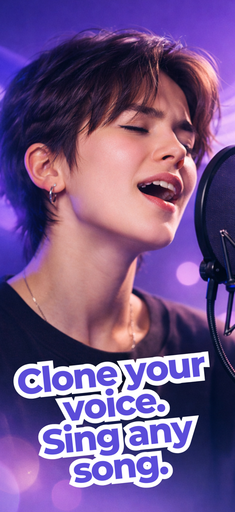 A person singing into a studio microphone with the text Clone your voice Sing any song