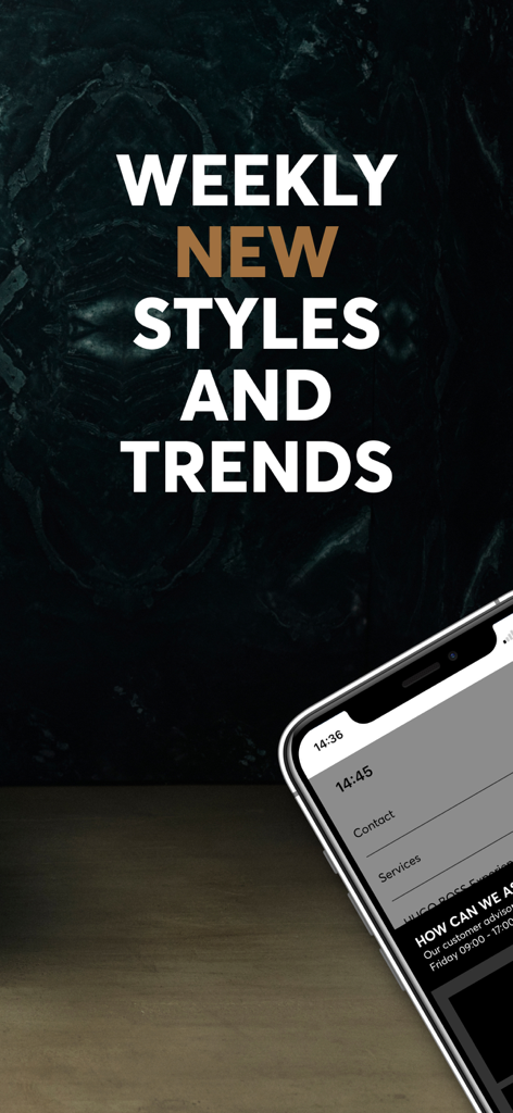HUGO BOSS - Premium Fashion - Schermata promozionale dell'app HUGO BOSS che mostra nuovi stili e tendenze settimanali