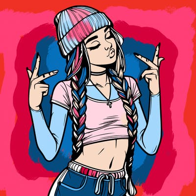 realistic teenage girl with braids and a beanie and crop top doing 🫶🏼