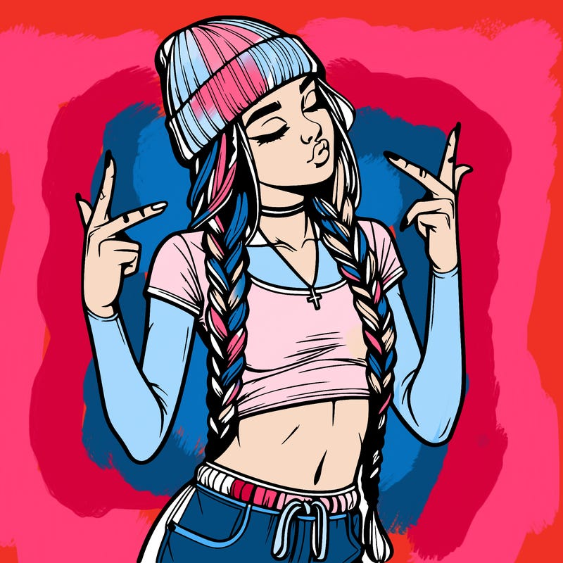 realistic teenage girl with braids and a beanie and crop top doing 🫶🏼