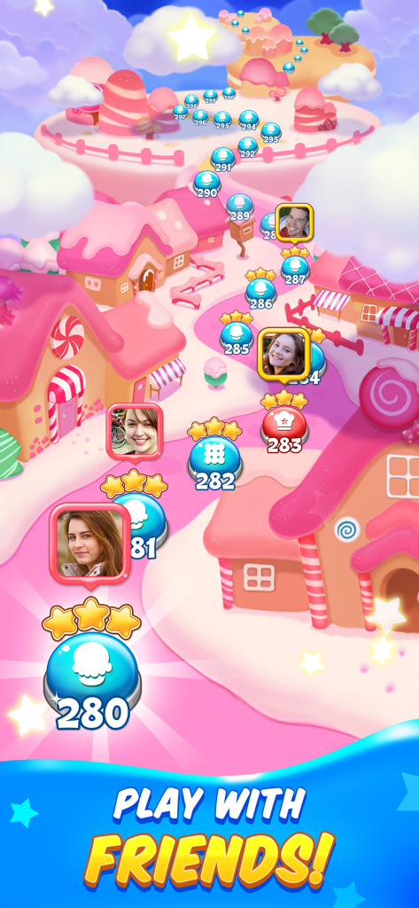 Candy Match 3 Mania game screenshot showing a colorful candy themed level map with friend profile icons for social competition.