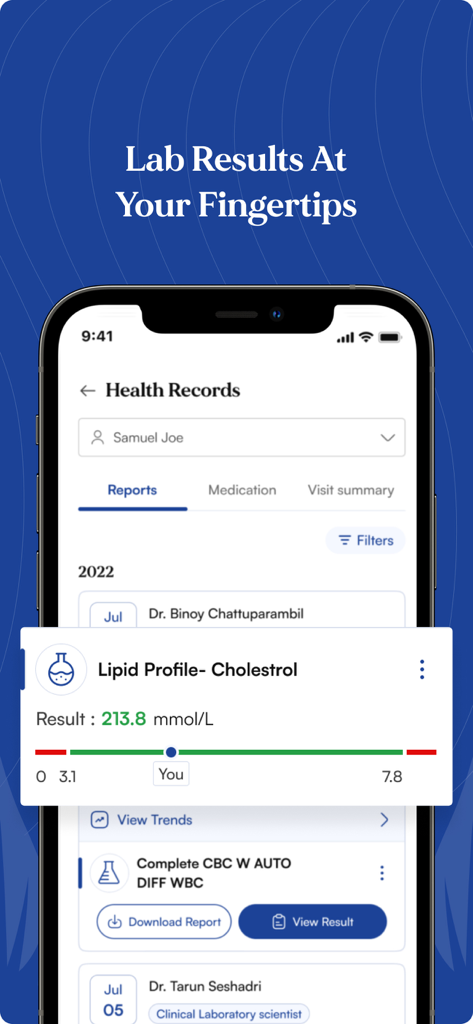 HCCI Connect– Consult a Doctor - Mobile app interface showing lab results and health records for a patient