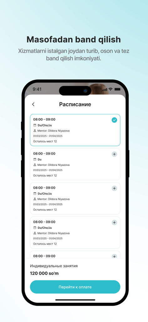 yonda.uz - Yonda.uz app schedule screen for remote service booking
