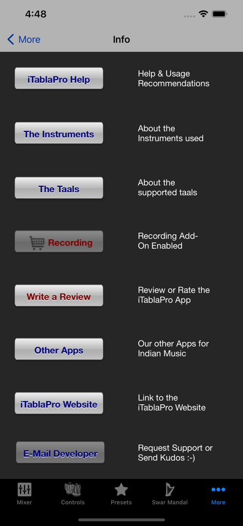 iTablaPro - Info menu of iTablaPro app with help and instrument options