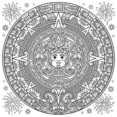 Immerse yourself in a fascinating cultural blend with this intricate coloring page, marrying the ancient majesty of the Aztec Sun Stone with the joyous spirit of Diwali. Discover a unique design filled with symbolic patterns, diyas, and festive fireworks, perfect for hours of creative relaxation.