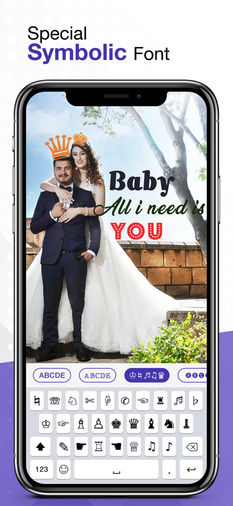 Cool Fonts Art Keyboard - An iPhone screen displaying the Cool Fonts Art Keyboard with unique symbolic fonts and decorative icons over a romantic photo.