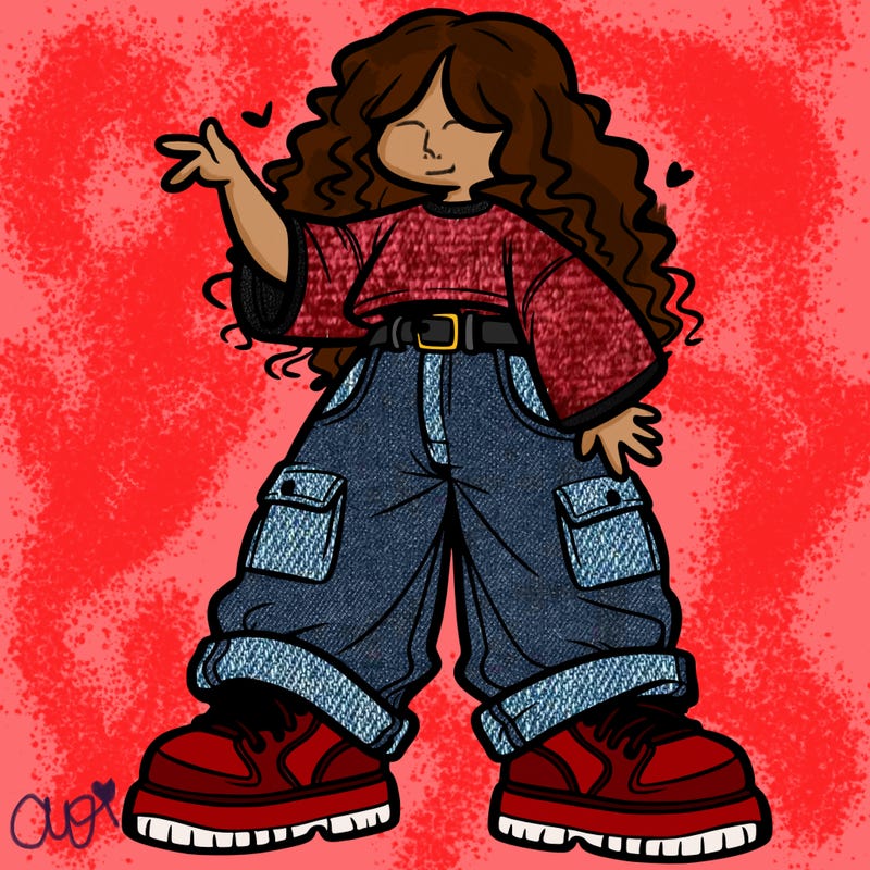 girl in baggy pants and a big shirt with curly hair